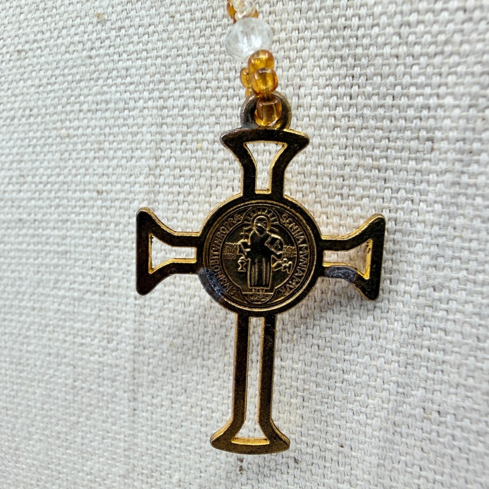Vintage Y2K Gold Tone Faux Pearl Saint Benedict Crucifix Cross Rosary Y-Necklace